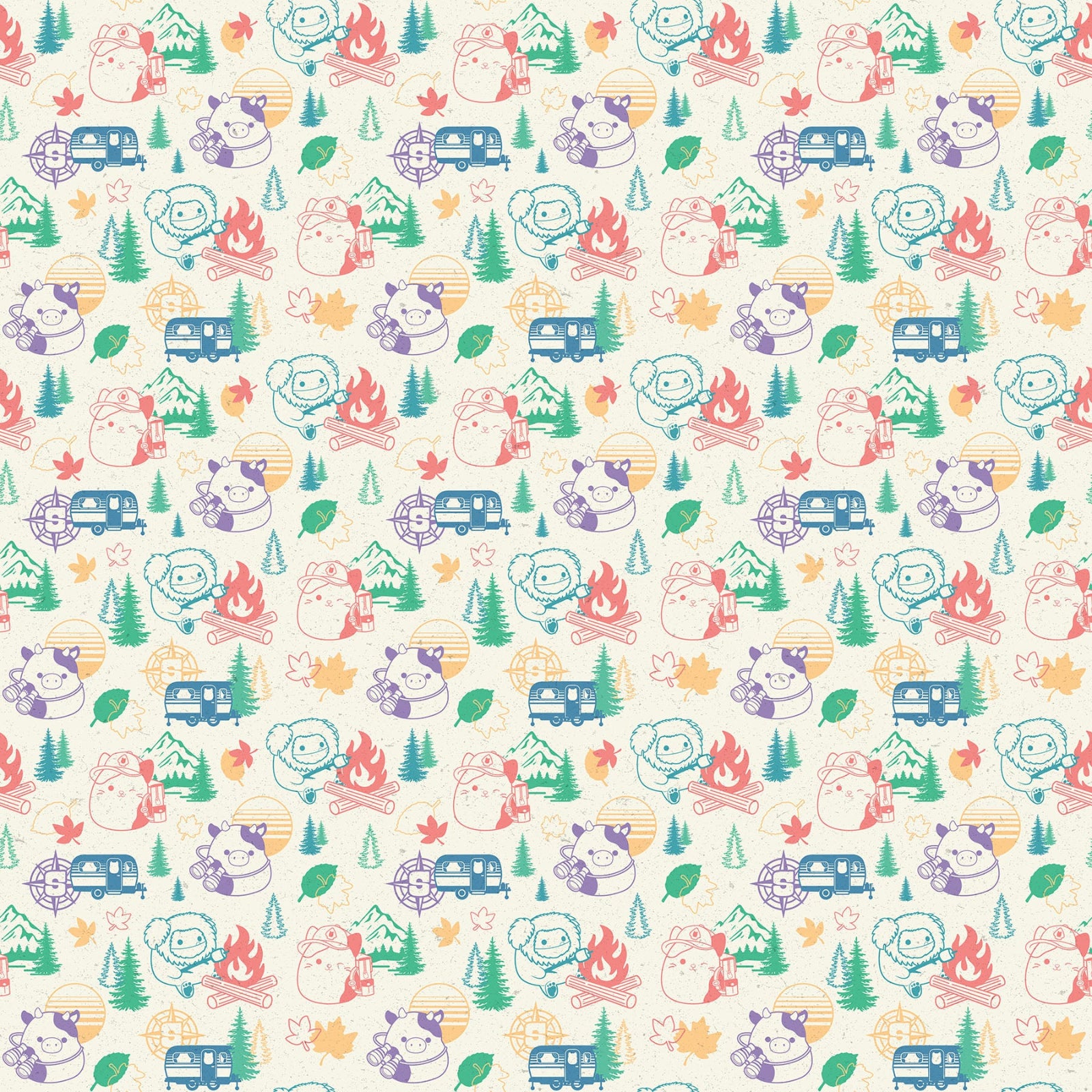 A repeating illustrated pattern on a cream background featuring Squishmallows, campfires, trees, mountains, and small vehicles in pastel blue, green, coral, purple, and orange.
