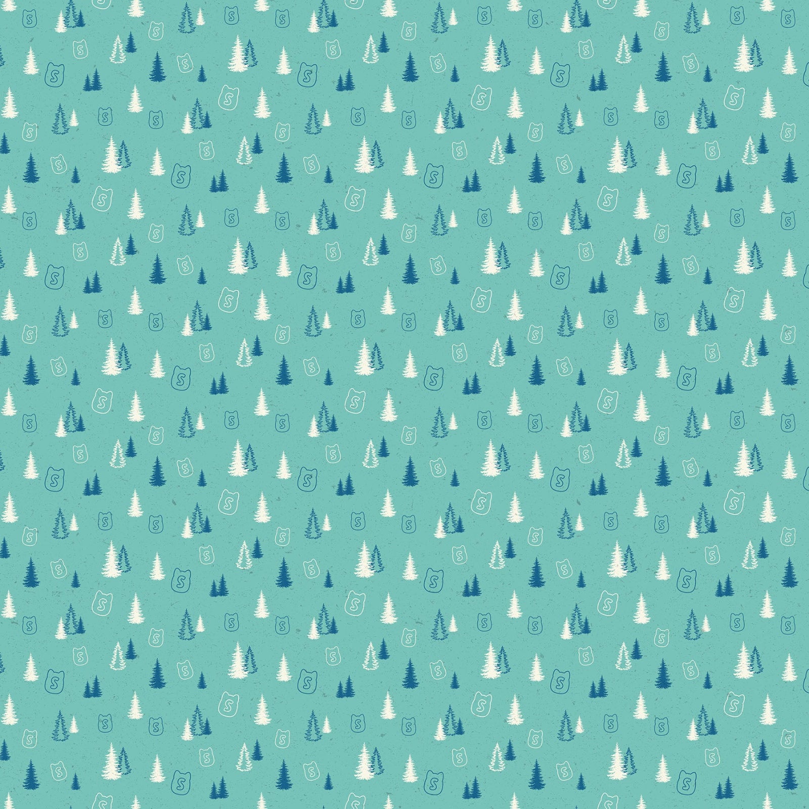 A repeating pattern of small pine trees and gift boxes on a teal background, with the trees in white, light blue, and dark blue.
