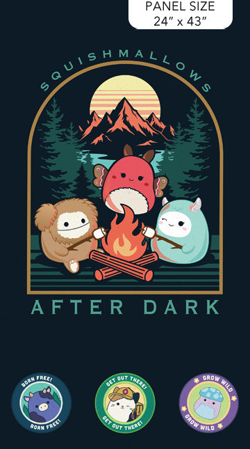 Illustration of three characters around a campfire with 'Squishmallows After Dark' branding.