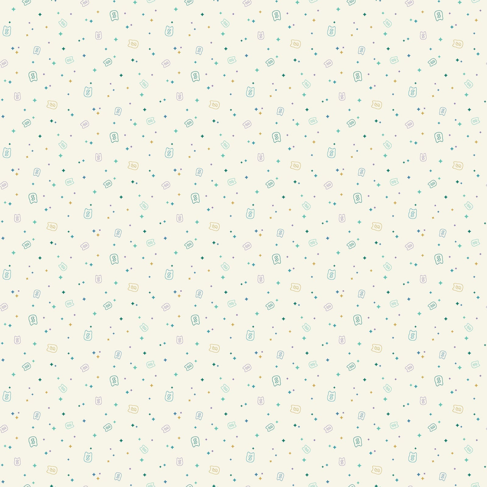 A repeating pattern of tiny pastel icons and dots on a warm off-white background, including small green circles, pale blue and yellow shapes, and some outlined rectangular motifs.