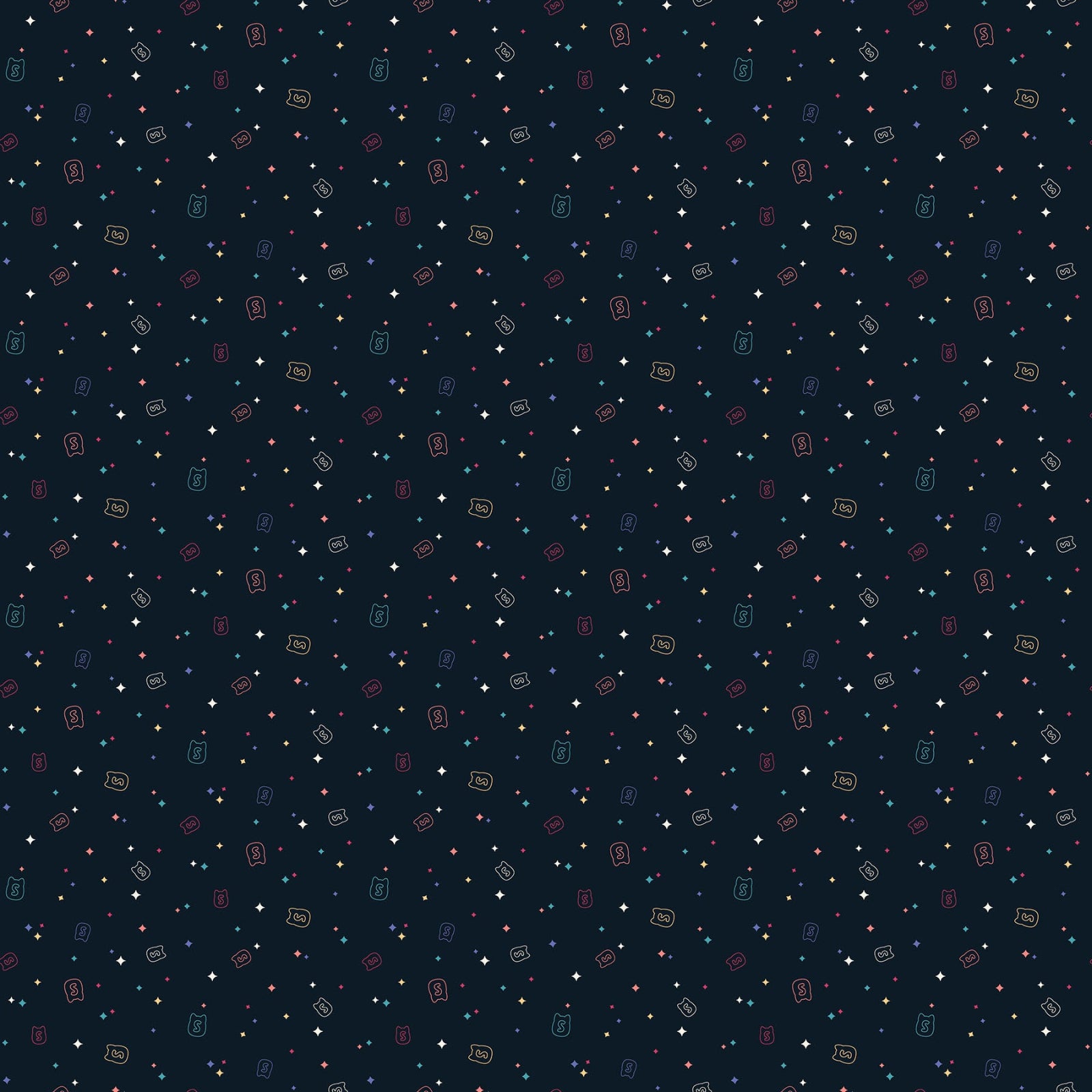 A seamless repeating pattern of small colorful Squishmallow icons and stars on a dark black background.