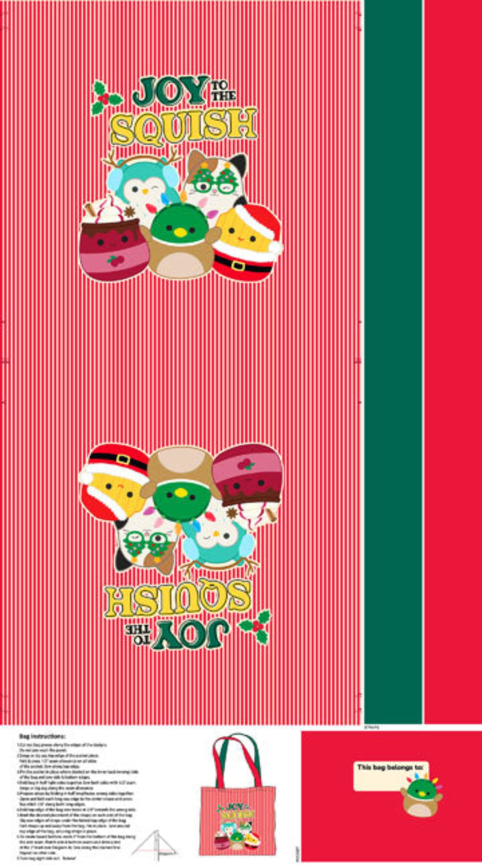 Christmas themed bag panel featuring Squishmallows