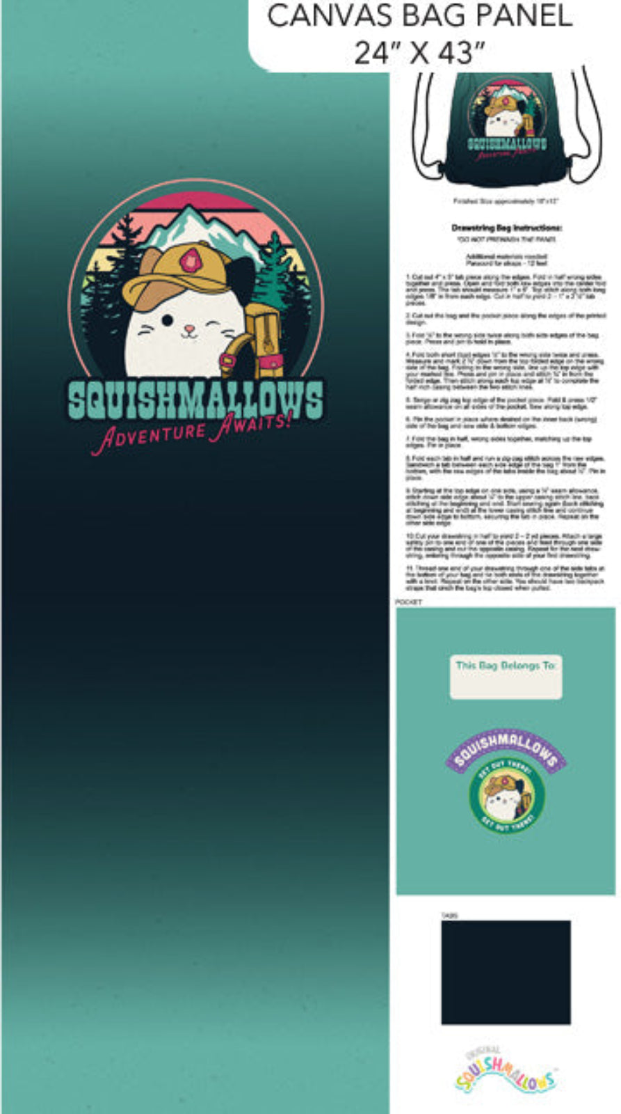 A product mockup sheet for a canvas bag panel featuring a cartoon cat wearing a safari hat and backpack with the text 'Squishmallows Adventure Awaits' on a teal gradient background, alongside a small printed bag preview, instructions text, and a blank black fabric sample.
