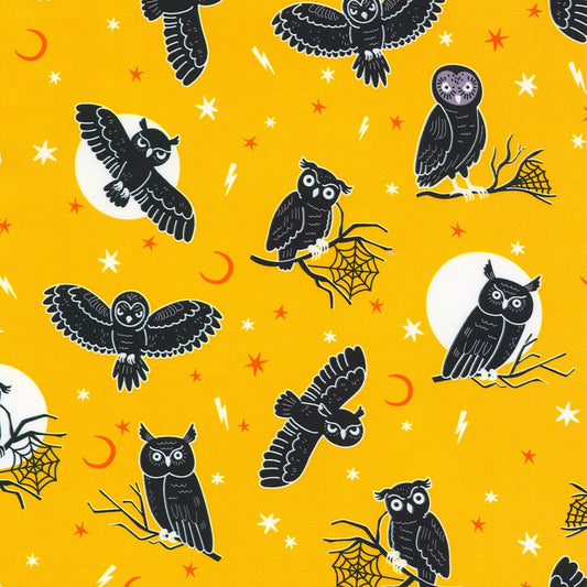 Pattern of black owls on a yellow background with Halloween elements.