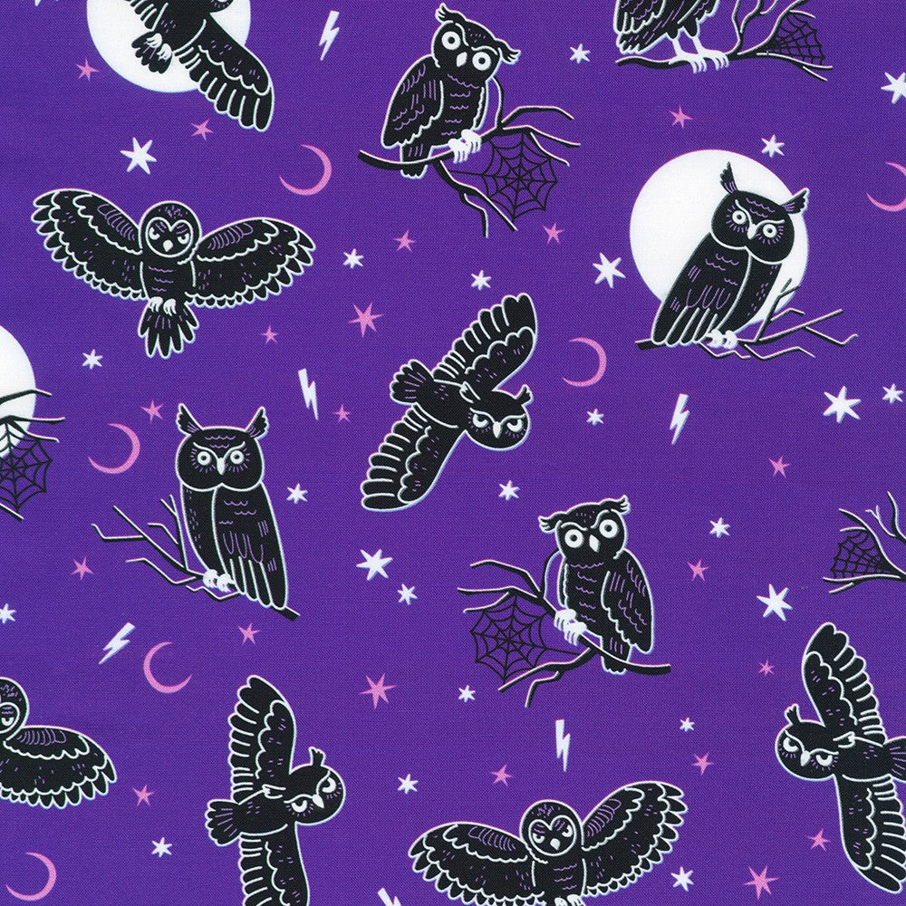 Pattern of black owls on a purple background with stars and moon.
