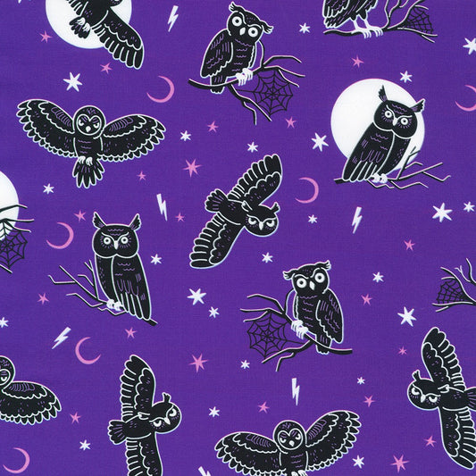 Pattern of black owls on a purple background with stars and moon.