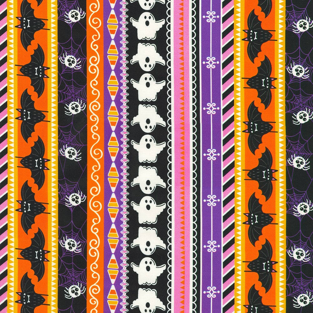 Halloween-themed fabric with bats, ghosts, and spider webs on a striped background.