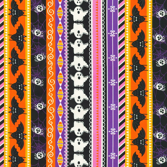 Halloween-themed fabric with bats, ghosts, and spider webs on a striped background.