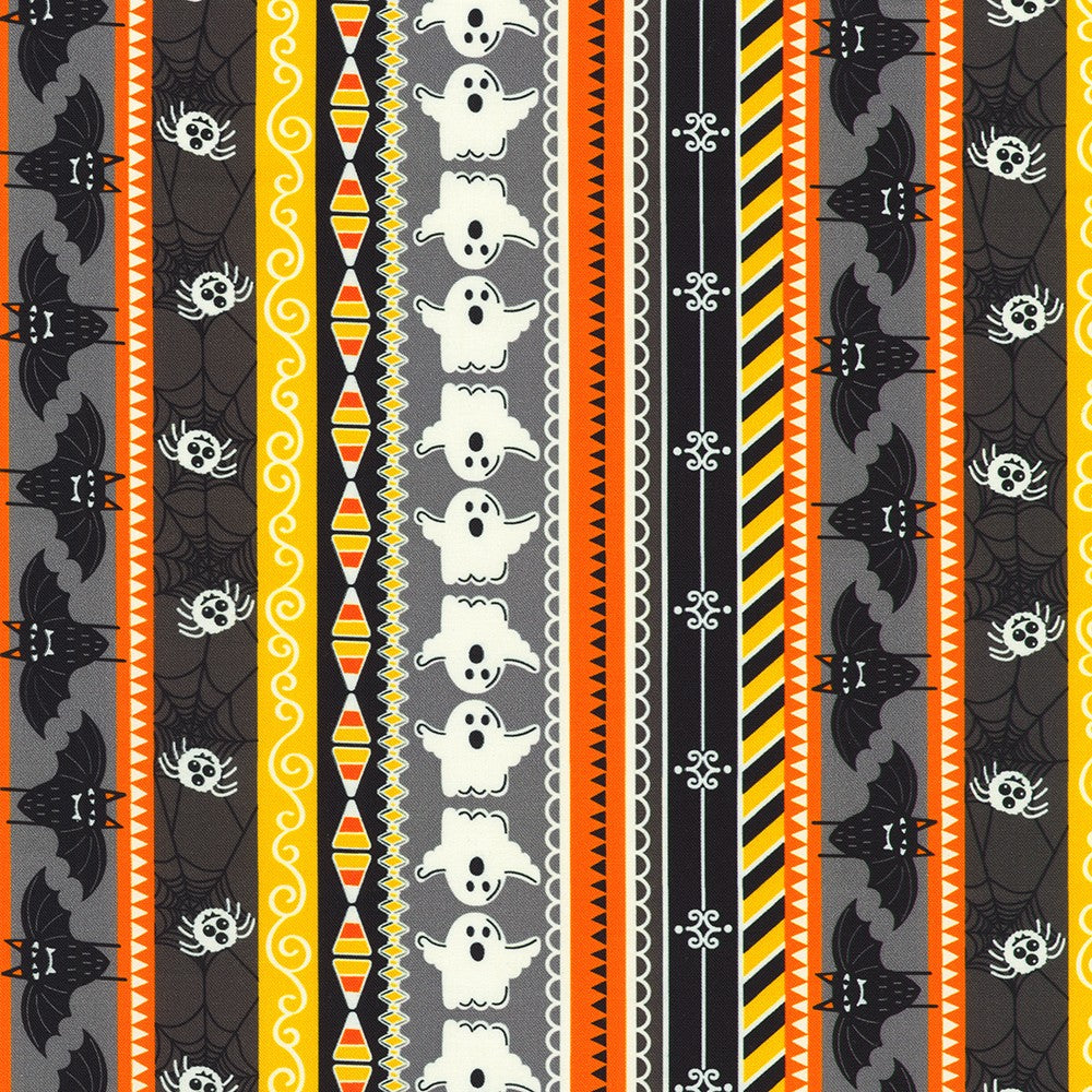 Halloween-themed pattern with bats, ghosts, and candy corn on a striped background.