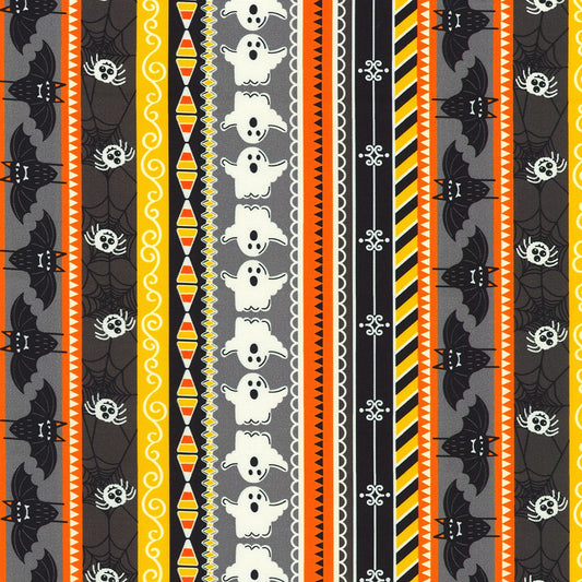 Halloween-themed pattern with bats, ghosts, and candy corn on a striped background.