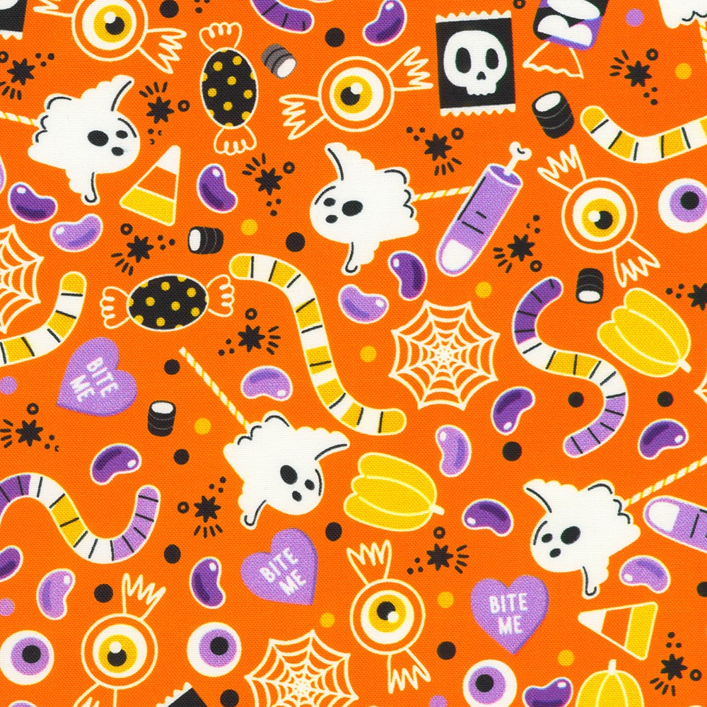 Halloween-themed pattern with ghosts, candy, and other elements on an orange background.
