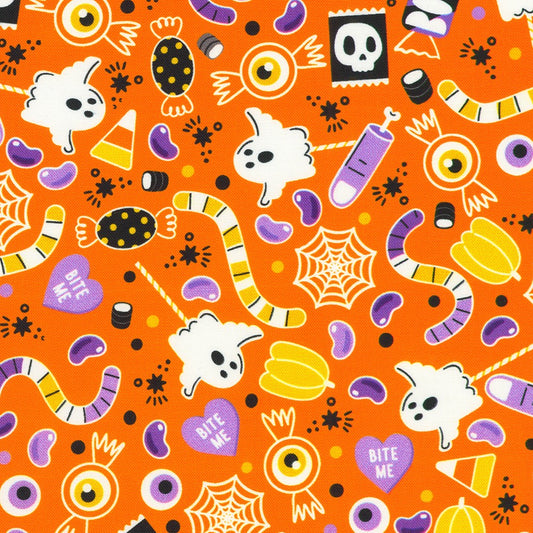 Halloween-themed pattern with ghosts, candy, and other elements on an orange background.
