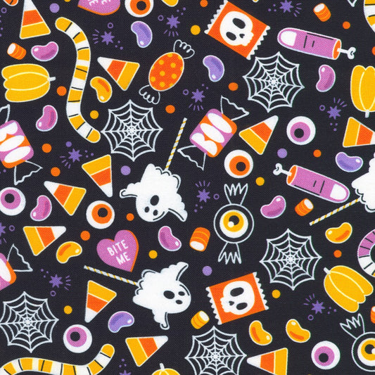 Halloween-themed pattern with candies, ghosts, and spider webs on a dark background.