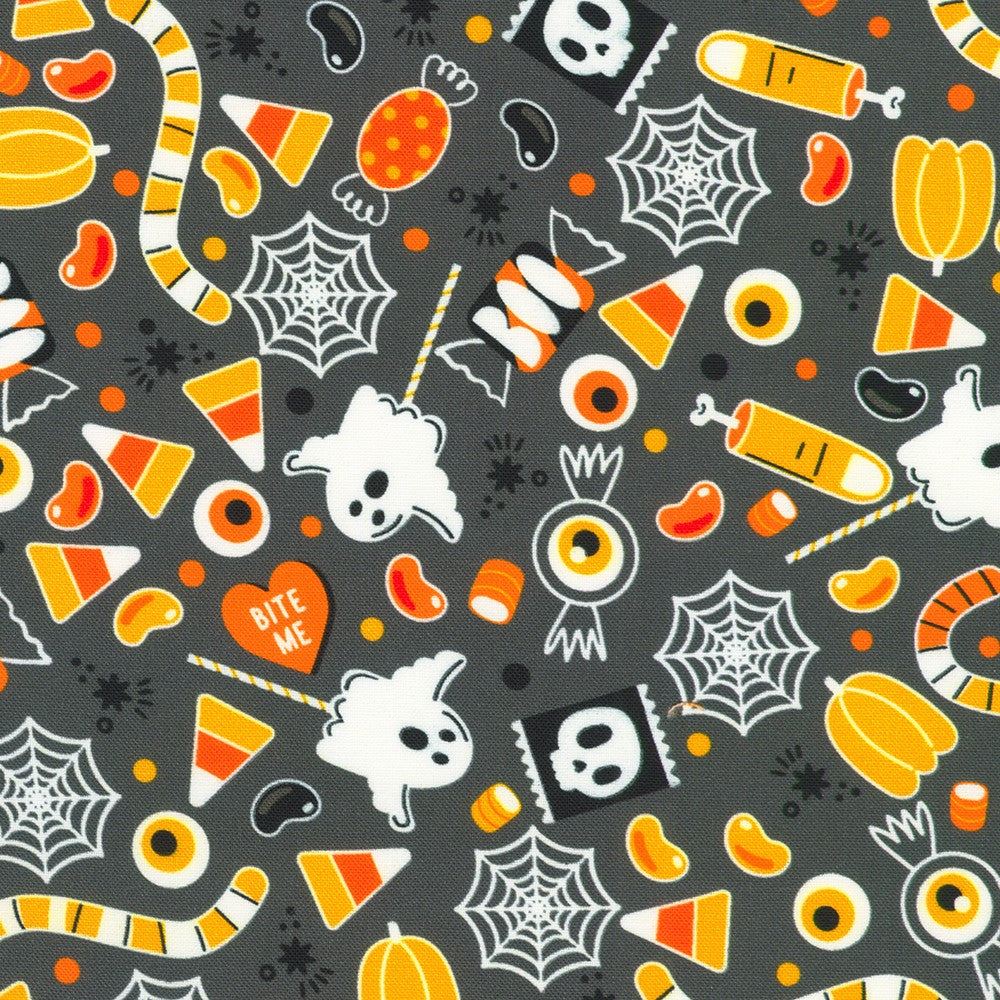 Halloween-themed pattern with candy corn, ghosts, pumpkins, and spider webs on a dark background.