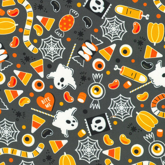Halloween-themed pattern with candy corn, ghosts, pumpkins, and spider webs on a dark background.