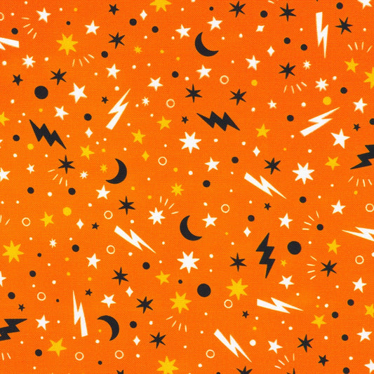 Halloween-themed pattern on an orange background with stars, moons, and lightning bolts.
