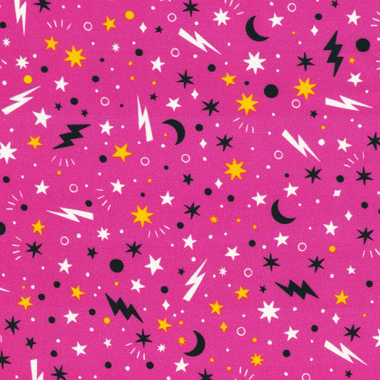 Colorful pattern with stars, moons, and lightning bolts on a pink background