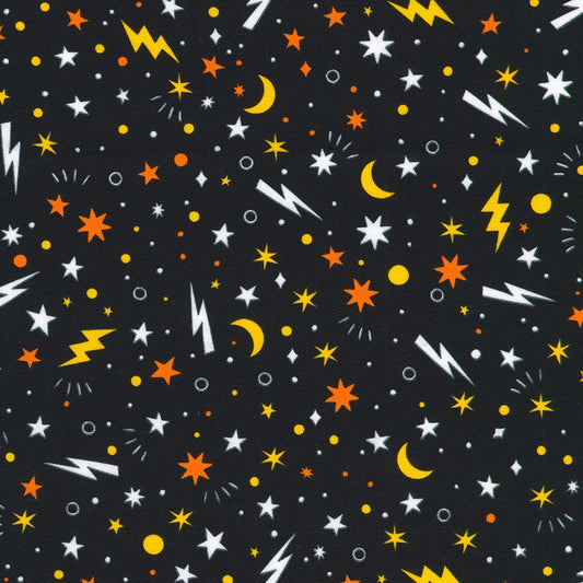 Pattern of stars, moons, and lightning bolts on a black background