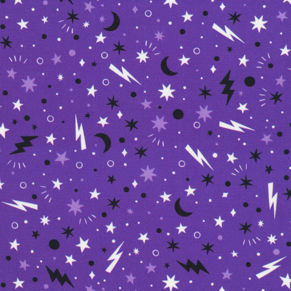 Purple fabric with black, white, and gray star, moon, and lightning bolt patterns
