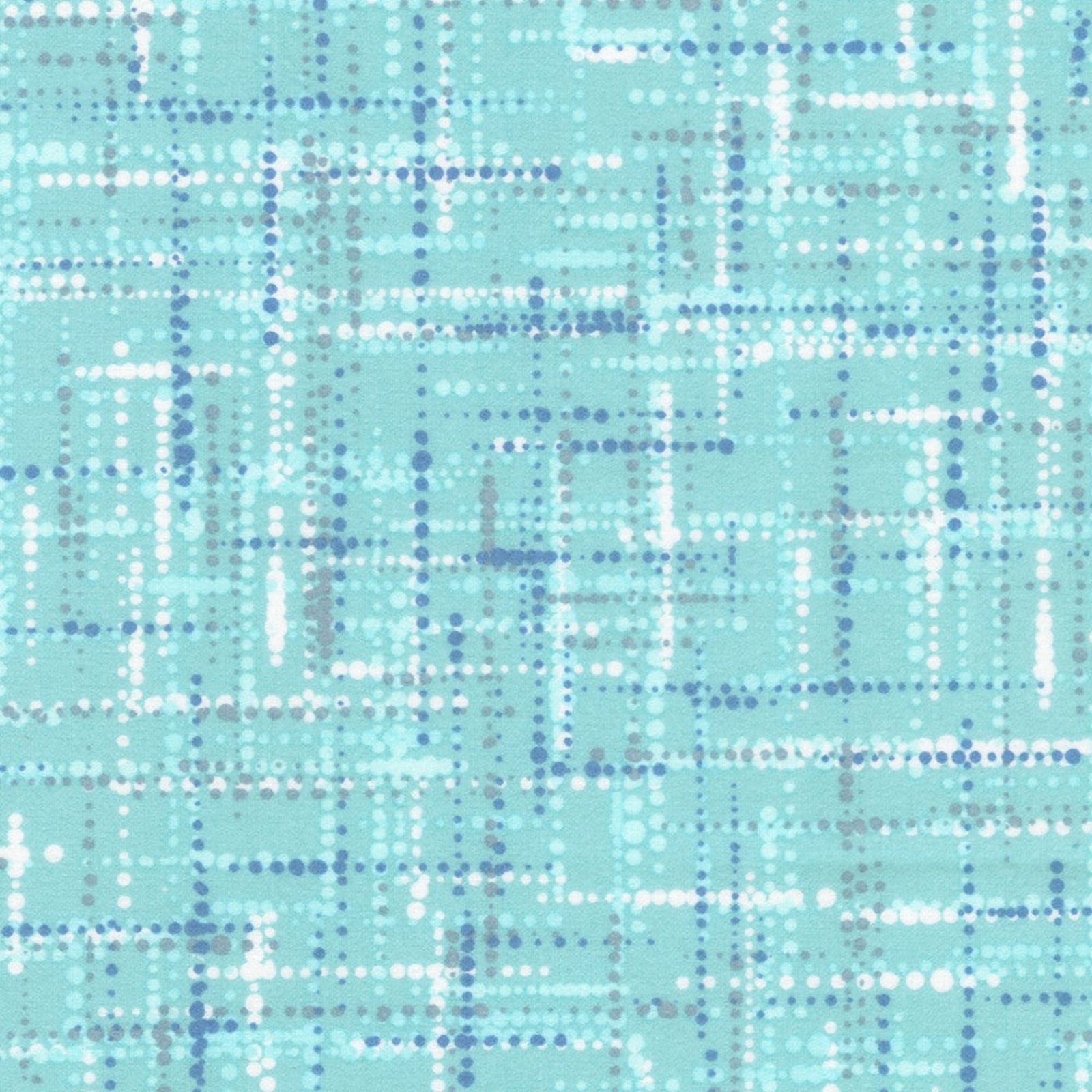 A close-up of a fabric pattern featuring a light aqua background with a geometric design made of intersecting blue, navy, and white dotted lines.