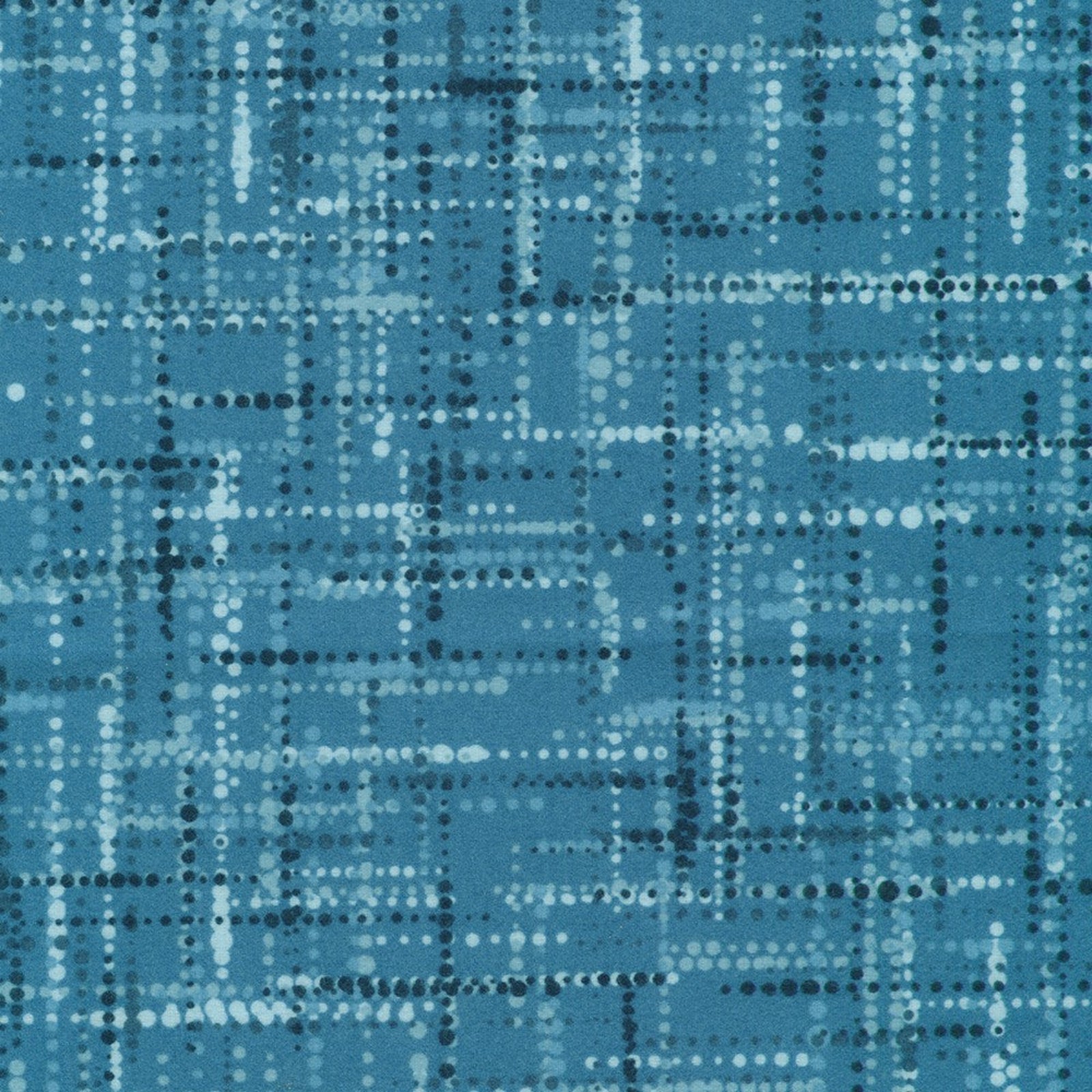 A close-up of a blue fabric or material swatch with an abstract dotted and dashed geometric pattern in varying light and dark blue tones.