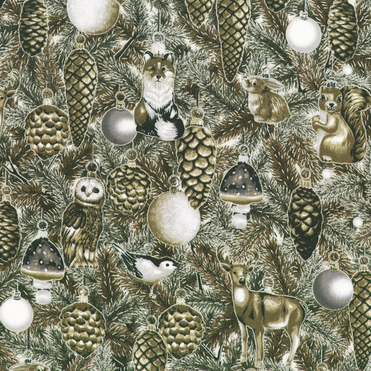 Pattern of forest animals and ornaments on a green background