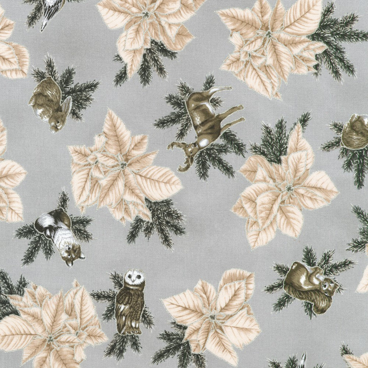 Pattern of poinsettias, deer, and owls on a gray background