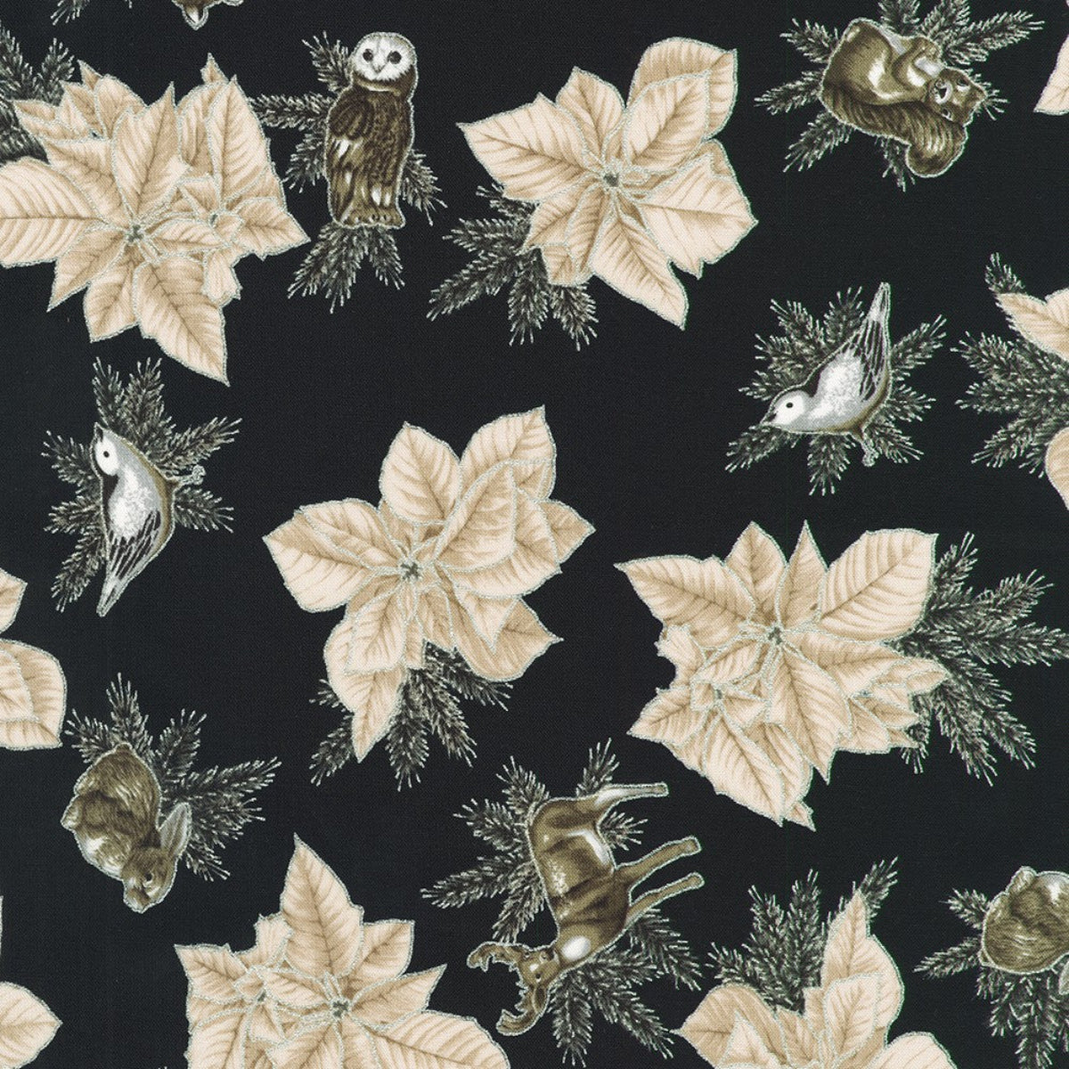 Pattern of beige flowers and small animals on a black background