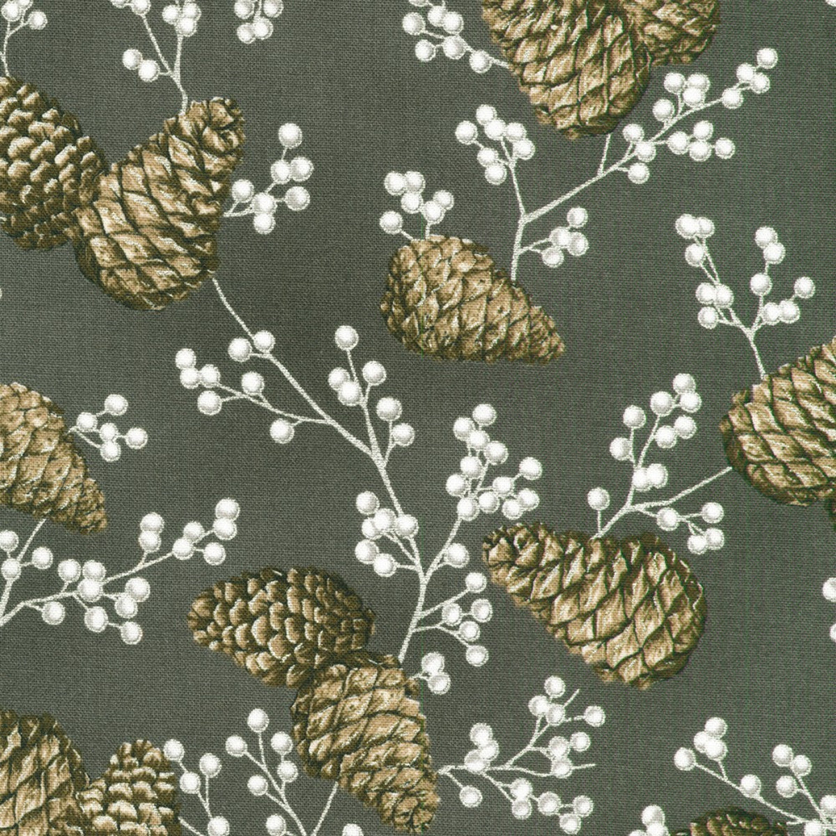 Pattern of pine cones and branches on a grey background