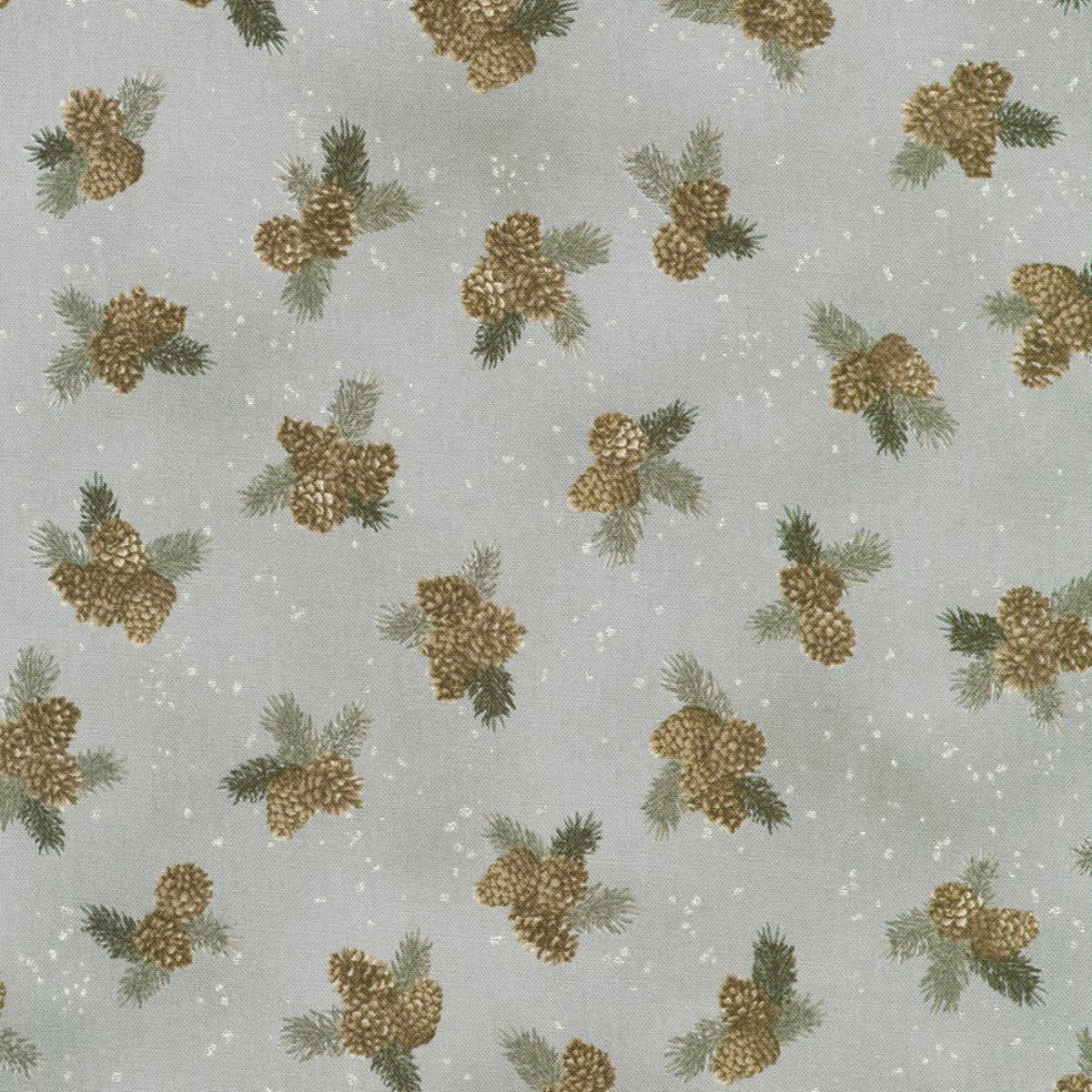 Pattern of pinecones and branches on a light gray background