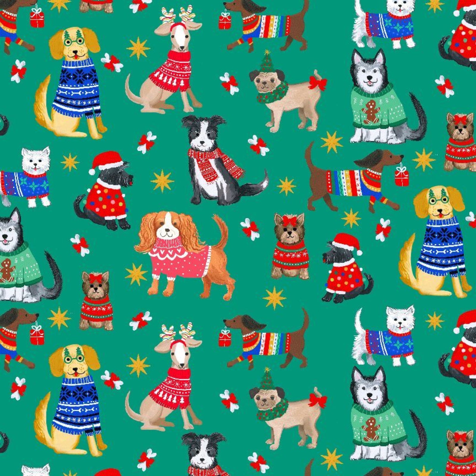 Pattern of dogs in festive clothing on a green background