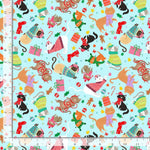 A close-up of a repeating holiday pattern on fabric, featuring illustrated cats in winter clothing, gifts, candy canes, stockings, and Christmas ornaments on a light aqua background. Measurement rulers are visible along the left and bottom edges.