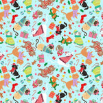 Pattern of cats in winter clothing on a light blue background