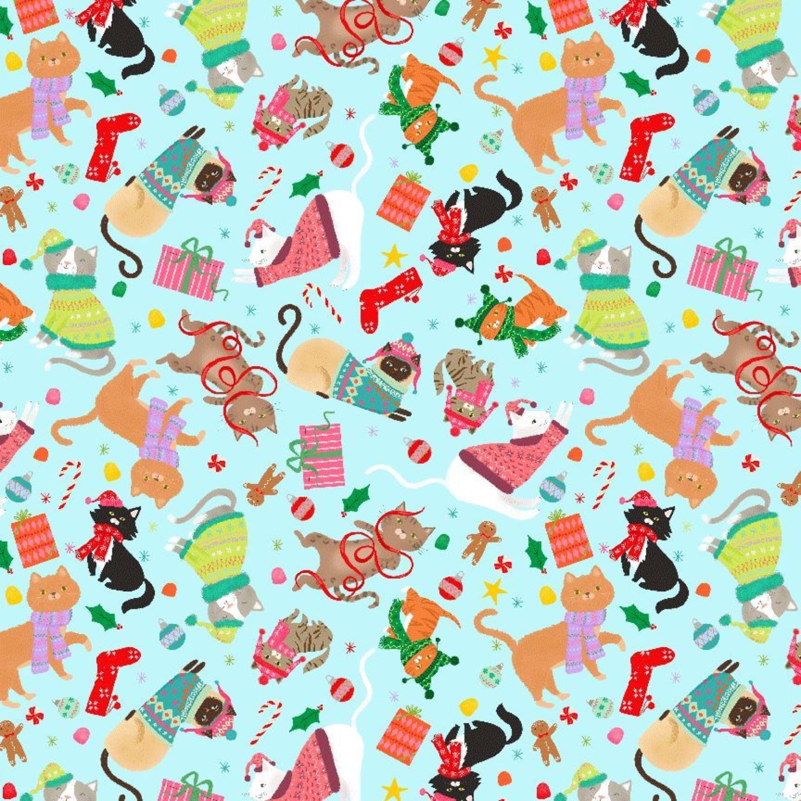 Pattern of cats in winter clothing on a light blue background