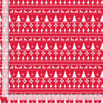 Red and white holiday patterned fabric with repeating rows of Christmas trees, snowflakes, and reindeer silhouettes, shown with a ruler along the left and bottom edges for scale.