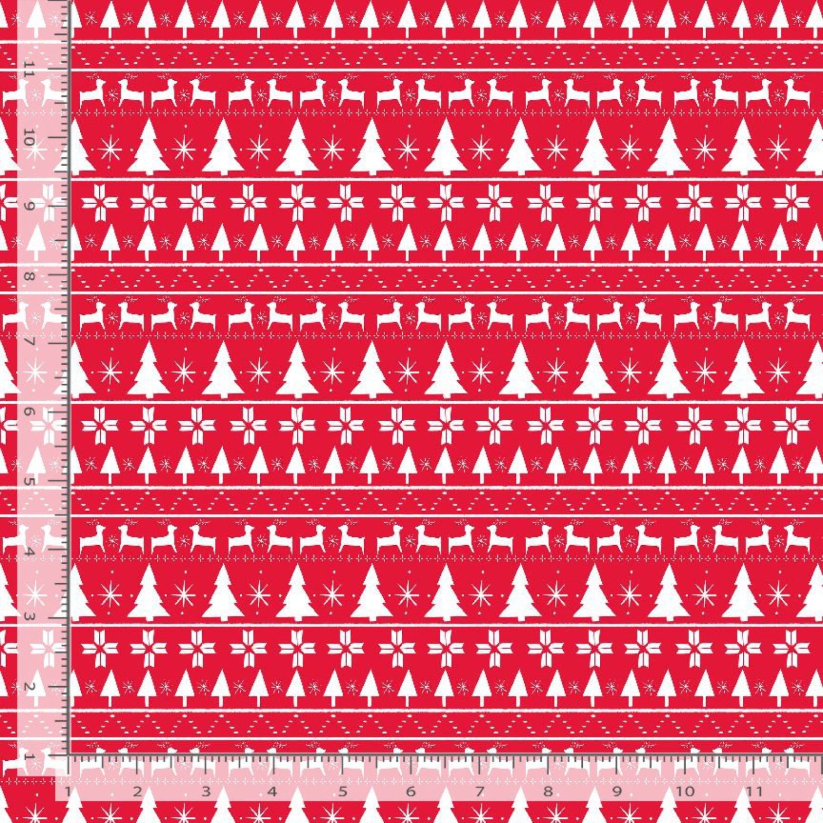Red and white holiday patterned fabric with repeating rows of Christmas trees, snowflakes, and reindeer silhouettes, shown with a ruler along the left and bottom edges for scale.