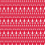 Red and white Christmas pattern with trees, deer, and snowflakes on a red background