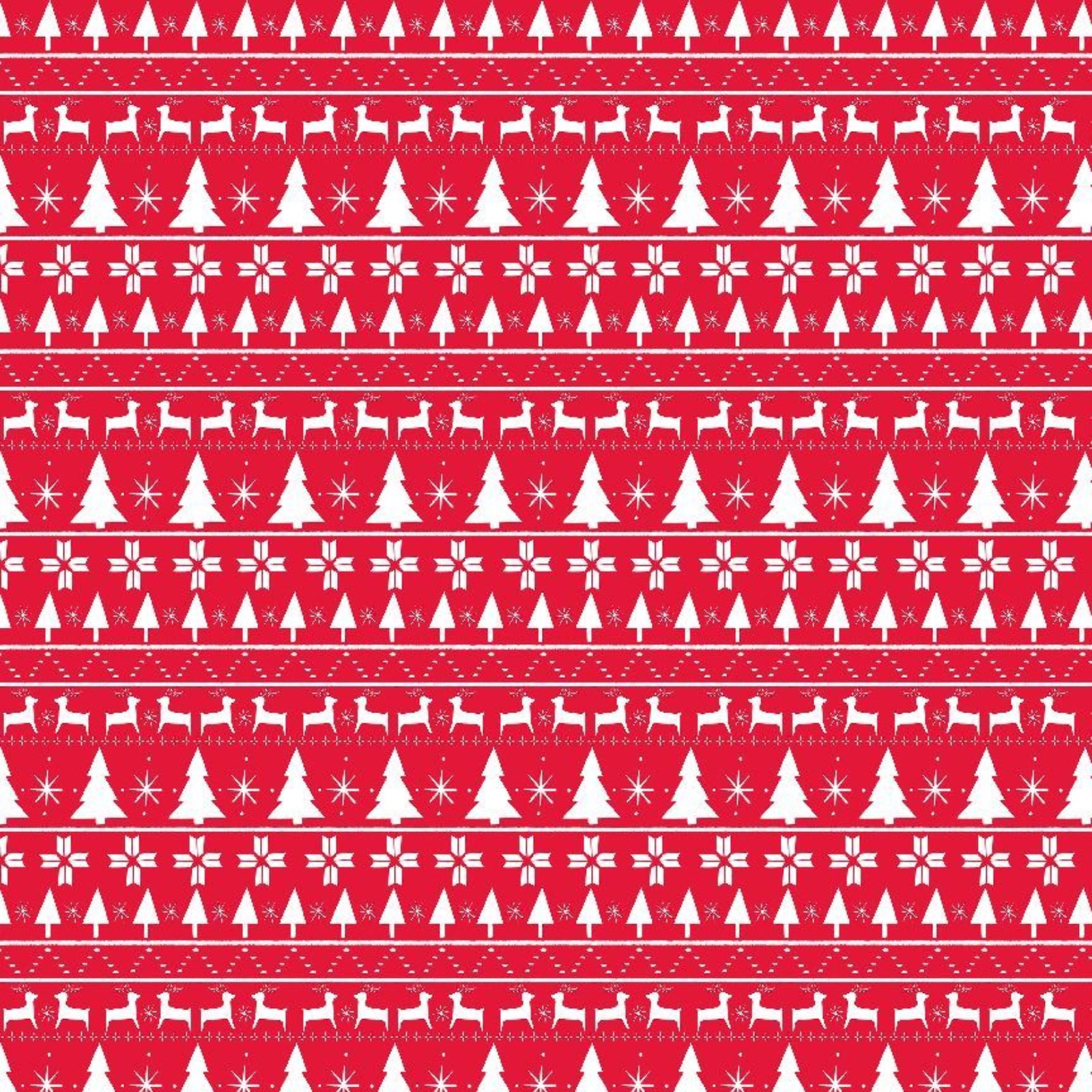 Red and white Christmas pattern with trees, deer, and snowflakes on a red background