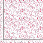 A close-up of a repeating holiday pattern on white fabric, with red line drawings of ornaments, stockings, candy canes, gifts, snowflakes, banners reading 'Merry Christmas,' and ruler markings along the left and bottom edges.