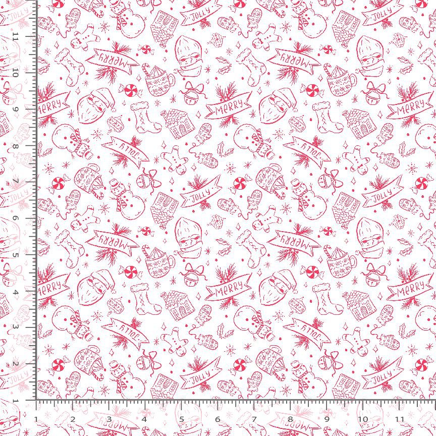 A close-up of a repeating holiday pattern on white fabric, with red line drawings of ornaments, stockings, candy canes, gifts, snowflakes, banners reading 'Merry Christmas,' and ruler markings along the left and bottom edges.
