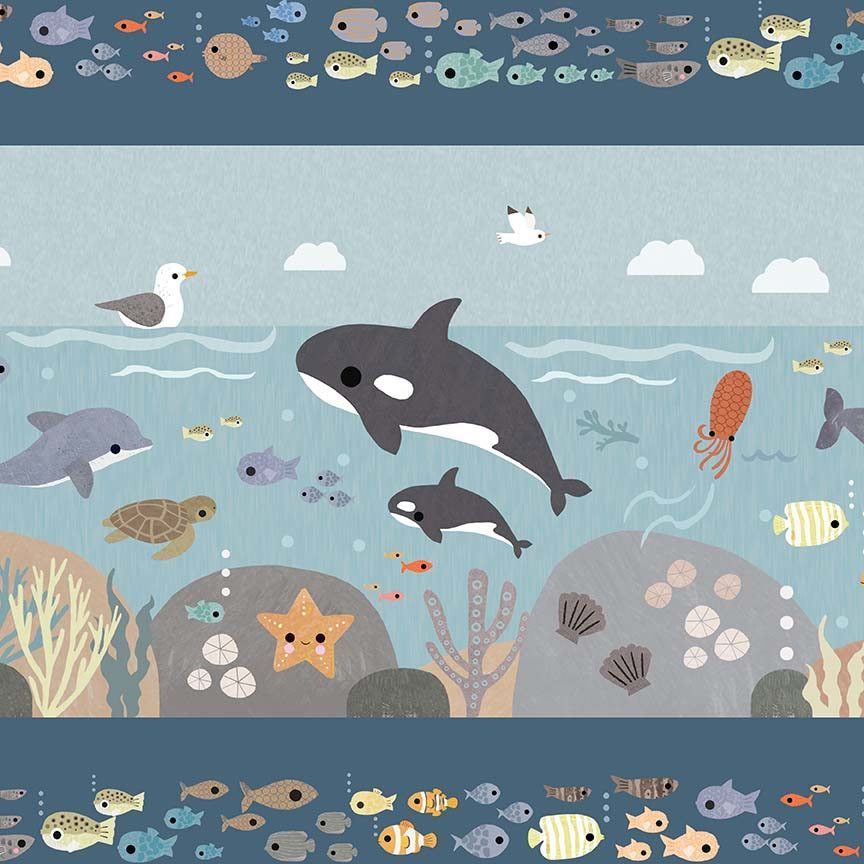 Illustrated pattern of marine life on a blue background
