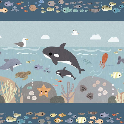 Illustrated pattern of marine life on a blue background
