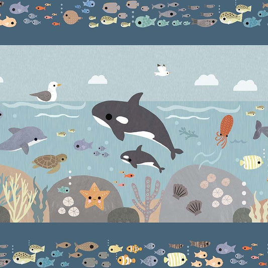 Illustrated pattern of marine life on a blue background