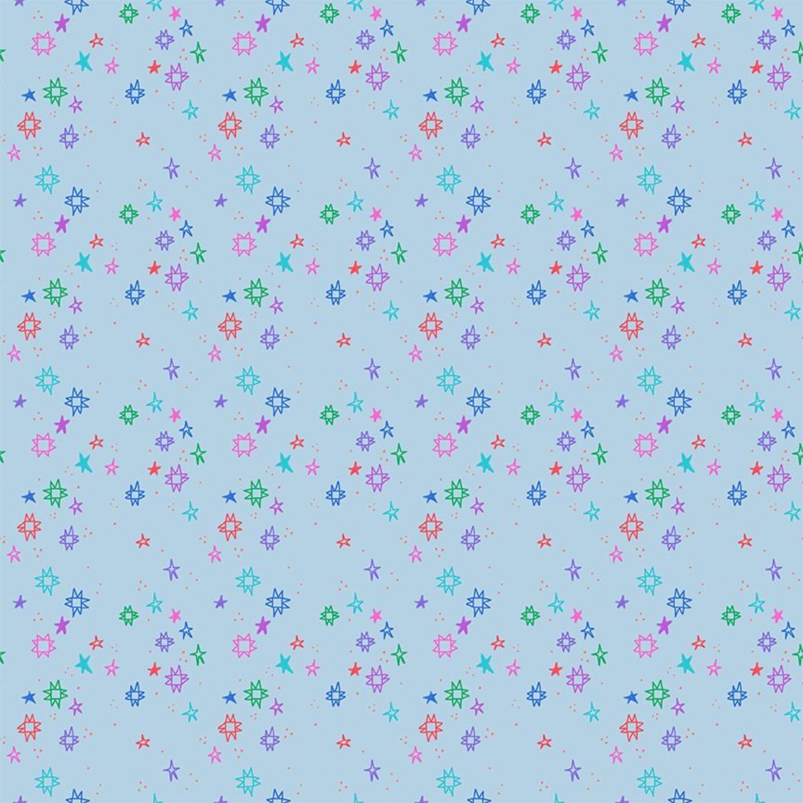 Pattern of colorful stars on a light blue background