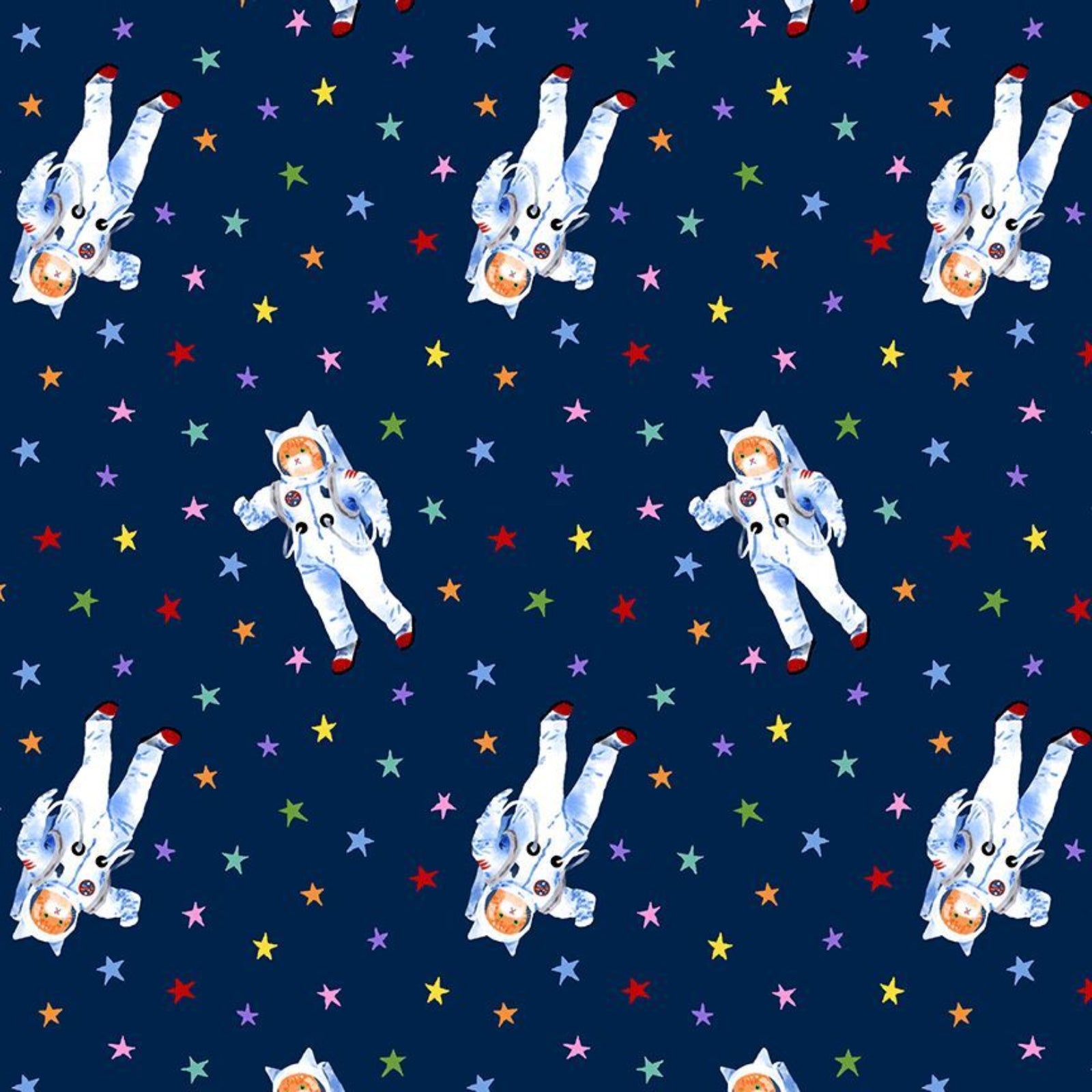 Pattern of astronauts and colorful stars on a blue background