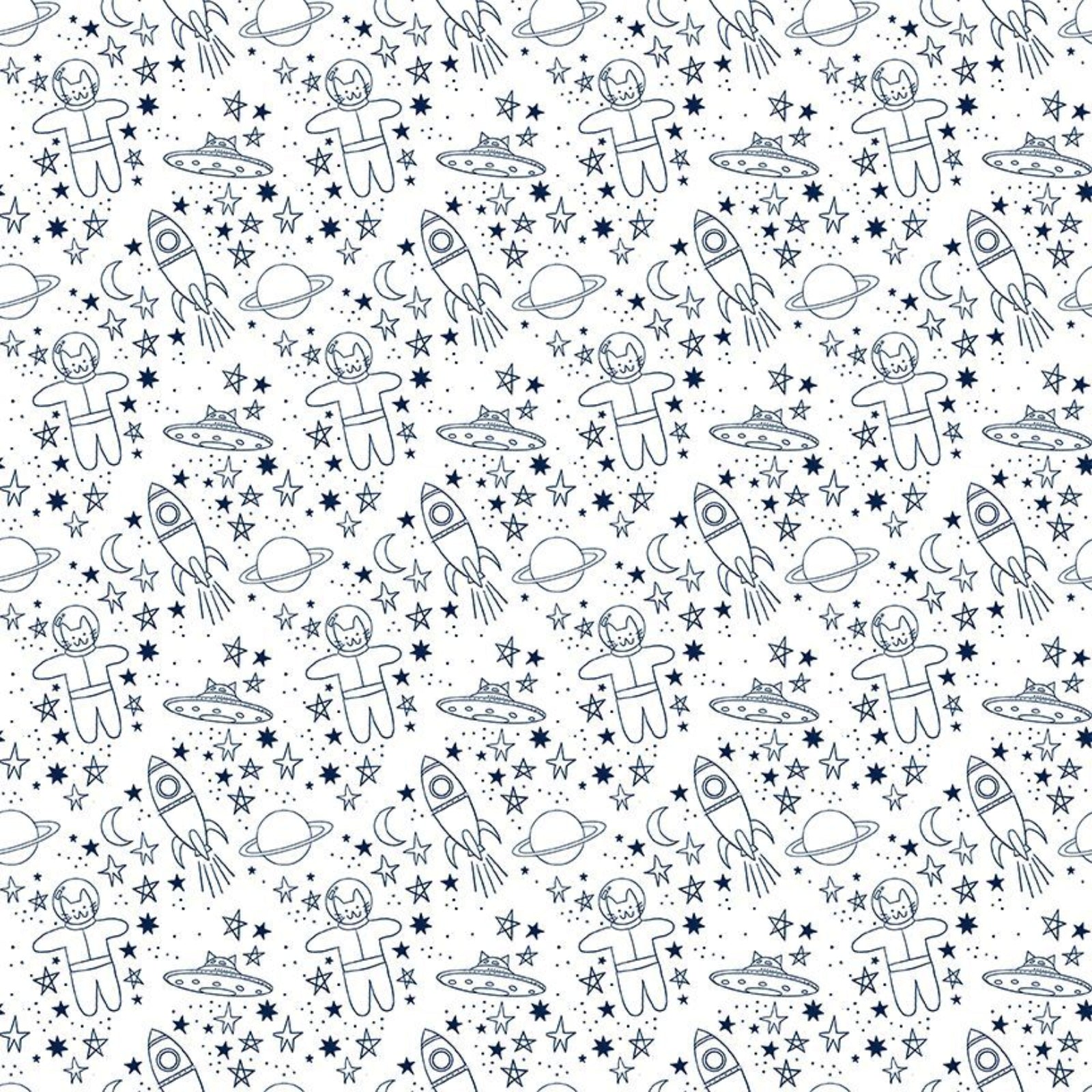 Space-themed pattern with astronauts, rockets, and stars on a white background