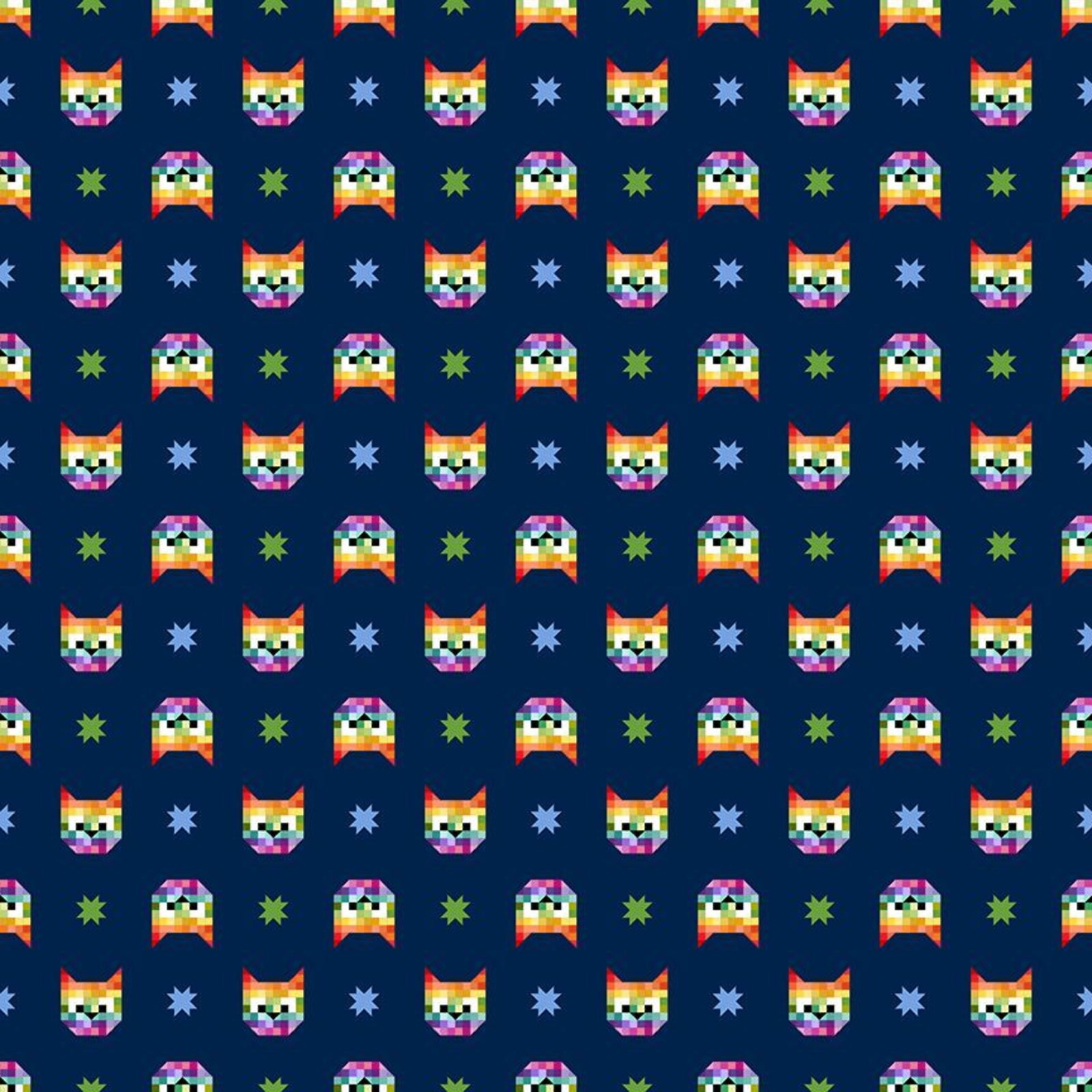Pattern of colorful cat faces on a blue background