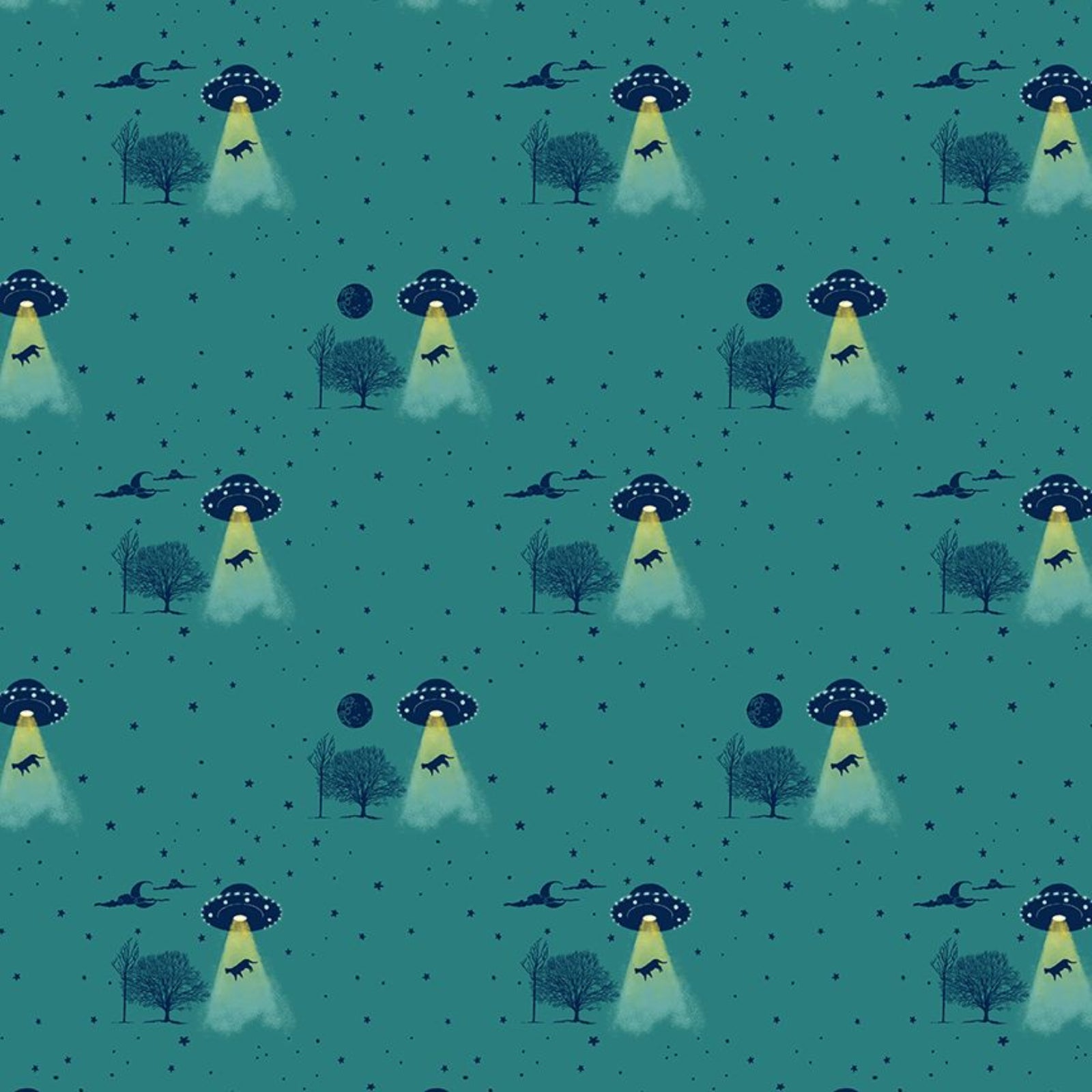 Pattern of UFOs over trees and animals on a teal background