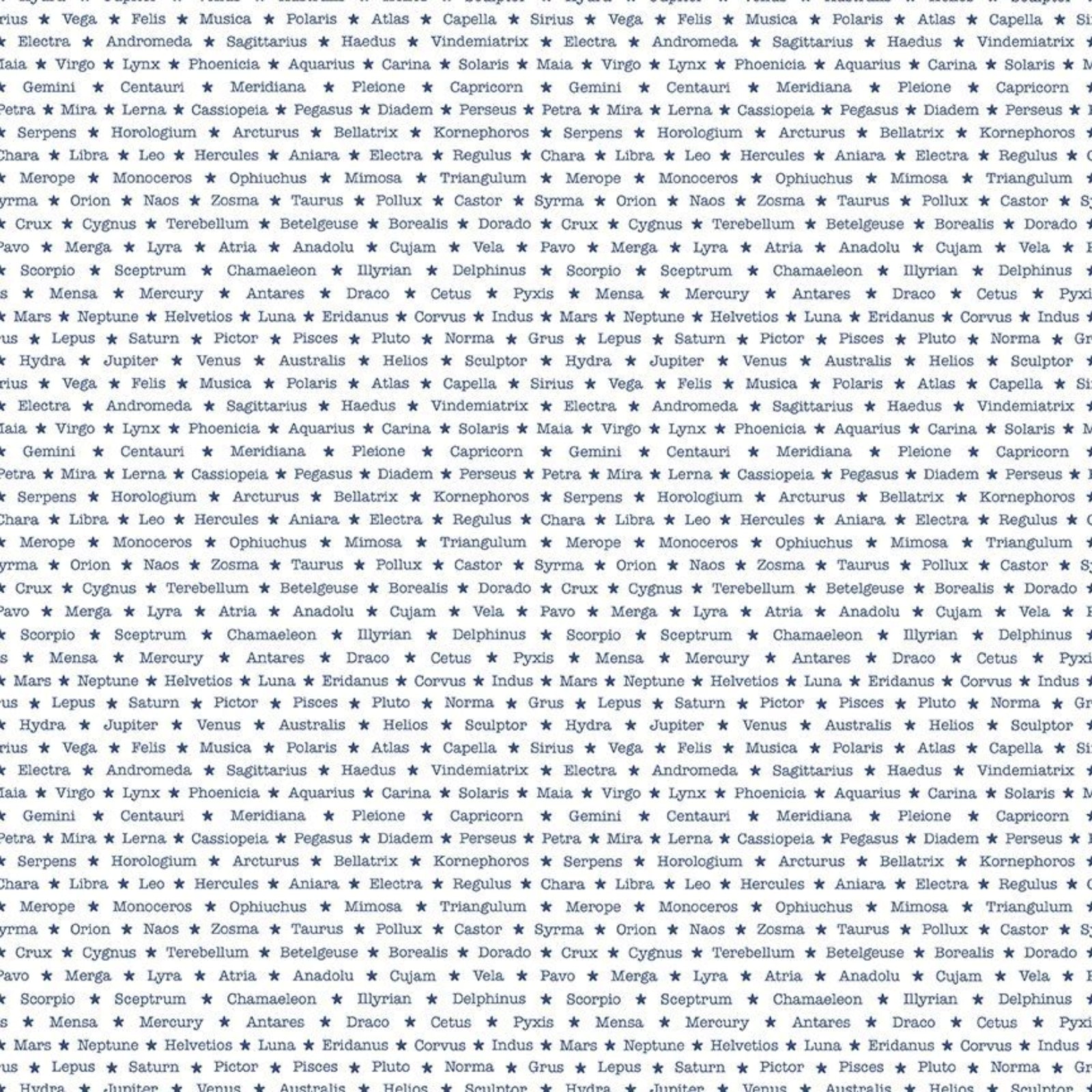 Text print featuring the names of constellations with stars separating each word on a white background