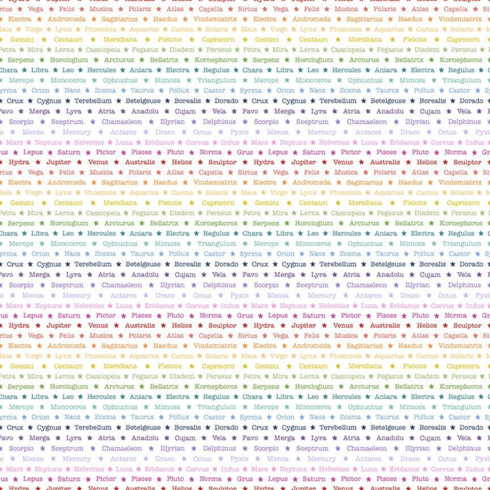 Colorful pattern of star names on a white background